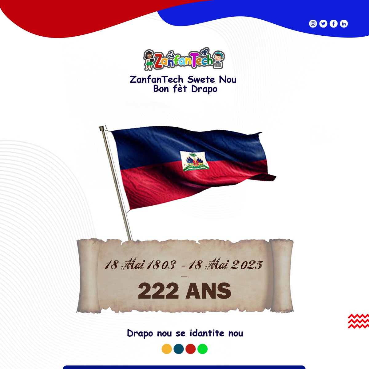 ZanfanTech's tweet photo. Jodi a, nou onore Drapo nasyonal la ak fyète, lanmou, ak pasyon pou Ayiti
Nan Zanfan Tech, nou kwè ke avni Ayiti chita nan men jenerasyon k ap grandi a: timoun kap aprann teknoloji, kap inove
#18Me #FetDrapo #ZanfanTech #TimounAkTek #18Mai #haitianflagday #haiti https://t.co/KbS6Zd6M88