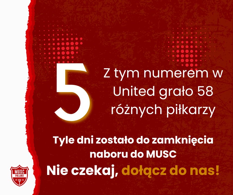 #Odliczamy czas do końca naboru do MUSC. Macie 5dni na dołączenie.

Ferdinand, Rojo, Maguire? A może ktoś inny? Z jakim piłkarzem kojarzy ci się 5 na plecach?

Nie zwlekajcie, wejdźcie w link: musc.pl/dolacz-do-nas/ i wstąpcie w szeregi MUSC!