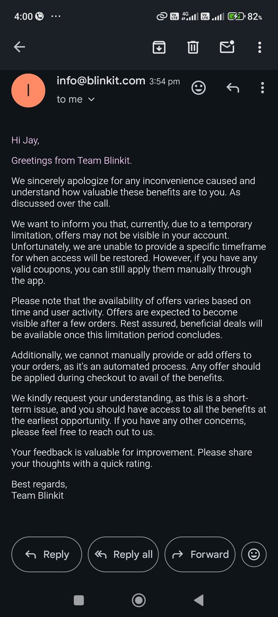 jay_shah1994's tweet photo. Dear @letsblinkit Since last 2 weeks while ordering the things under the Coupons section,I am not able to view any of the bank offers.I thought there might be some technical glitch so avoided it. Today I have sent email to team and attached is the revert.WHY COUPONS ARE DISABLED https://t.co/I5TNOKRHSH