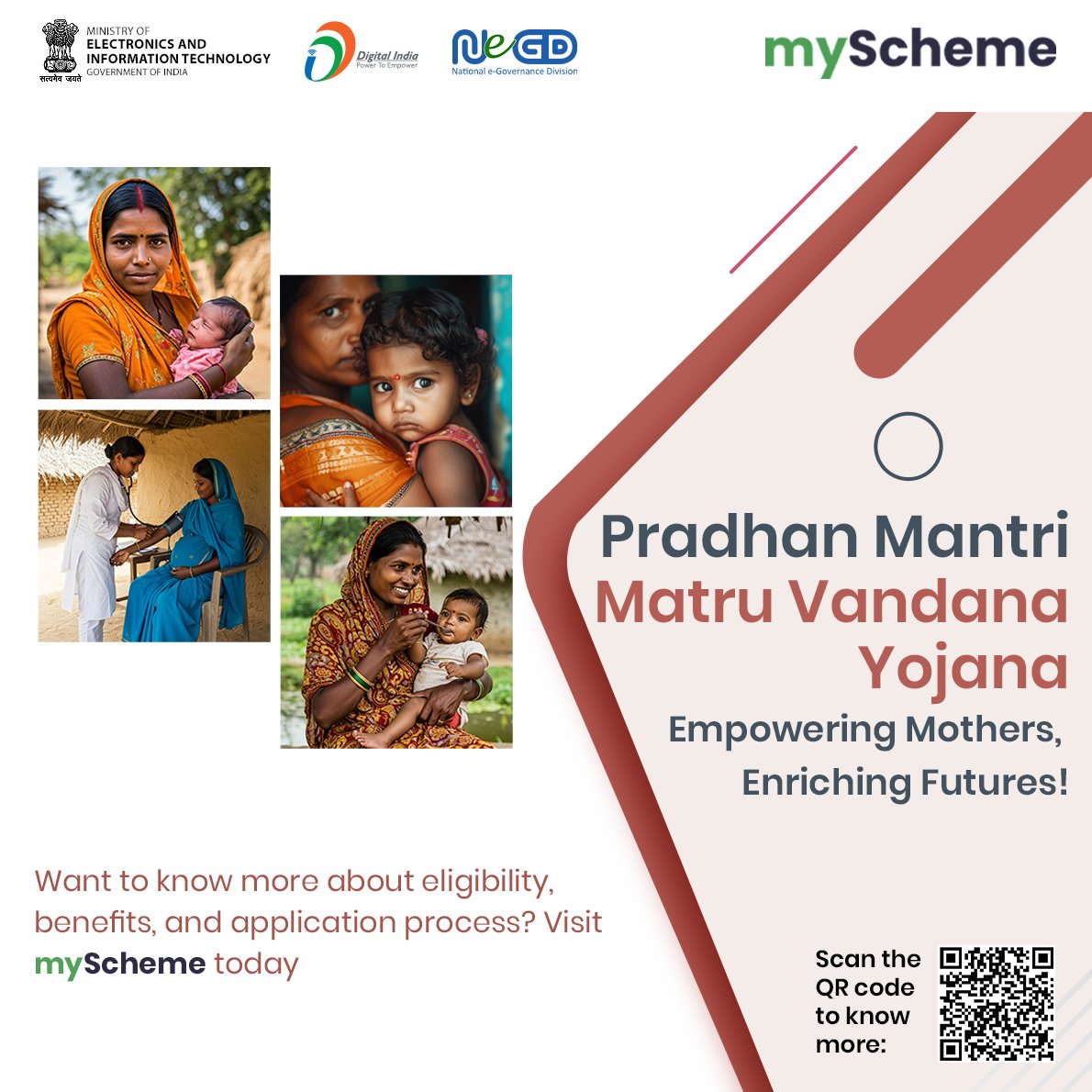 Empowering Mothers, Enriching Futures!  Pradhan Mantri Matru Vandana Yojana supports expecting and new mothers with financial assistance and care. Learn more by scanning the QR code.
#PMMVY #WomenEmpowerment #MaternalHealth #DigitalIndia