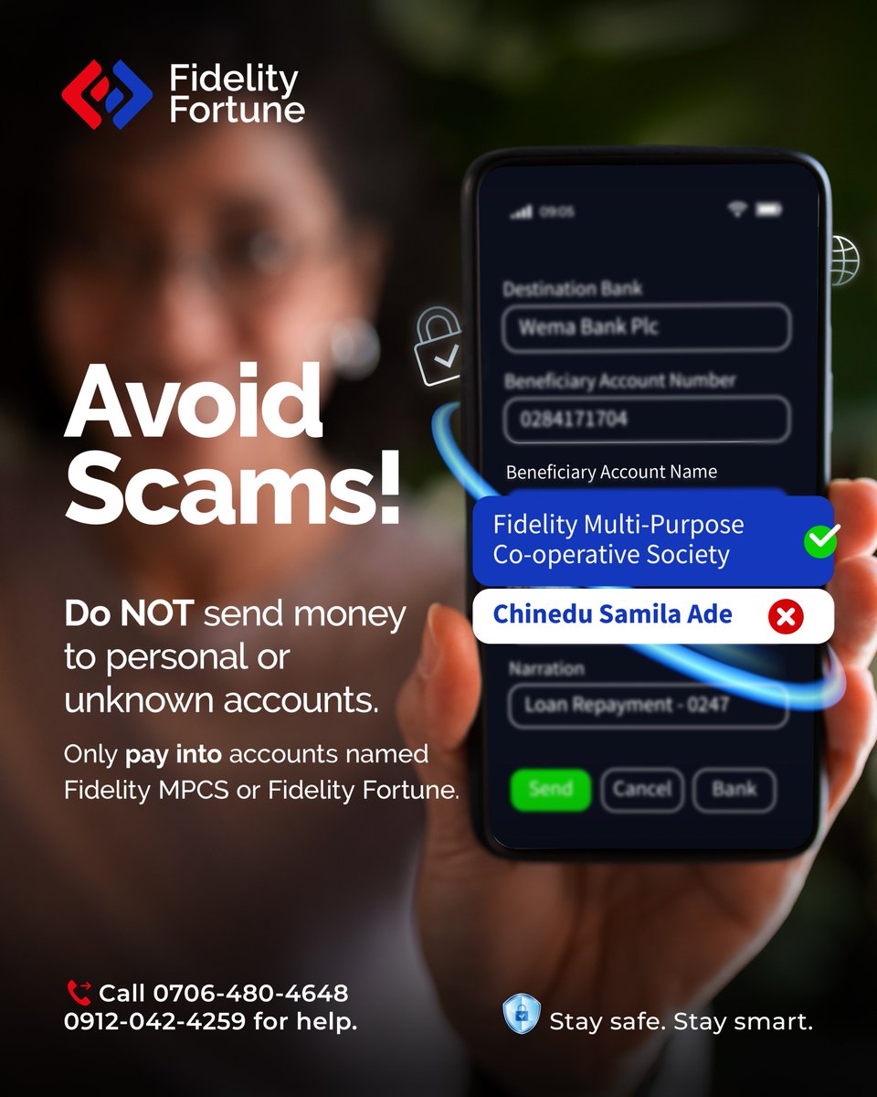 FidFortNg's tweet photo. Avoid Scams!
Only pay into accounts named Fidelity MPC or Fidelity Fortune.
Do NOT transfer loan repayments to any personal or unverified accounts.
📞 Call 0706-480-4648 or 0912-042-4259 for help.
🔒 Stay safe. Stay smart.
#FidelityFortune  #LoanSafety #AvoidScams #SecurePayments https://t.co/HGFQ9wylSp