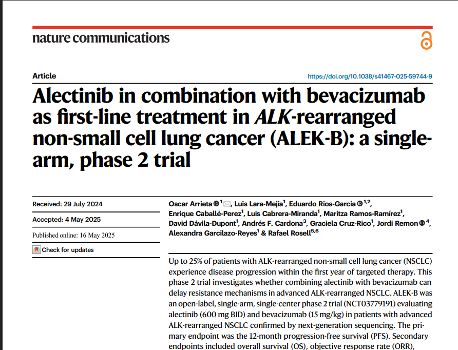 Yvonne Diaz (@yvonne_diaz_) on Twitter photo Promising signals from the ALEK-B ph 2 trial: combining alectinib w bevacizumab achieved 97.1% 12-mo PFS & median PFS of 39.6 months in ALK+ #NSCLC. Intracranial control also notably strong.
Could this combo help overcome resistance in more aggressive ALK variants? <a href="/ogarrieta/">Oscar Arrieta</a> Promising signals from the ALEK-B ph 2 trial: combining alectinib w bevacizumab achieved 97.1% 12-mo PFS & median PFS of 39.6 months in ALK+ #NSCLC. Intracranial control also notably strong.
Could this combo help overcome resistance in more aggressive ALK variants? <a href="/ogarrieta/">Oscar Arrieta</a>