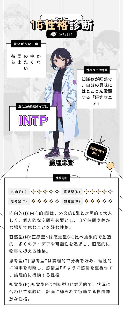 推しとの相性診断もできる #GRAVITY16性格診断❗️❓
私の結果は#INTP❗️
ゾクッとするほど当たるから、みんなも試してみて💫
 api.gravity.place/gravity/url/YK…