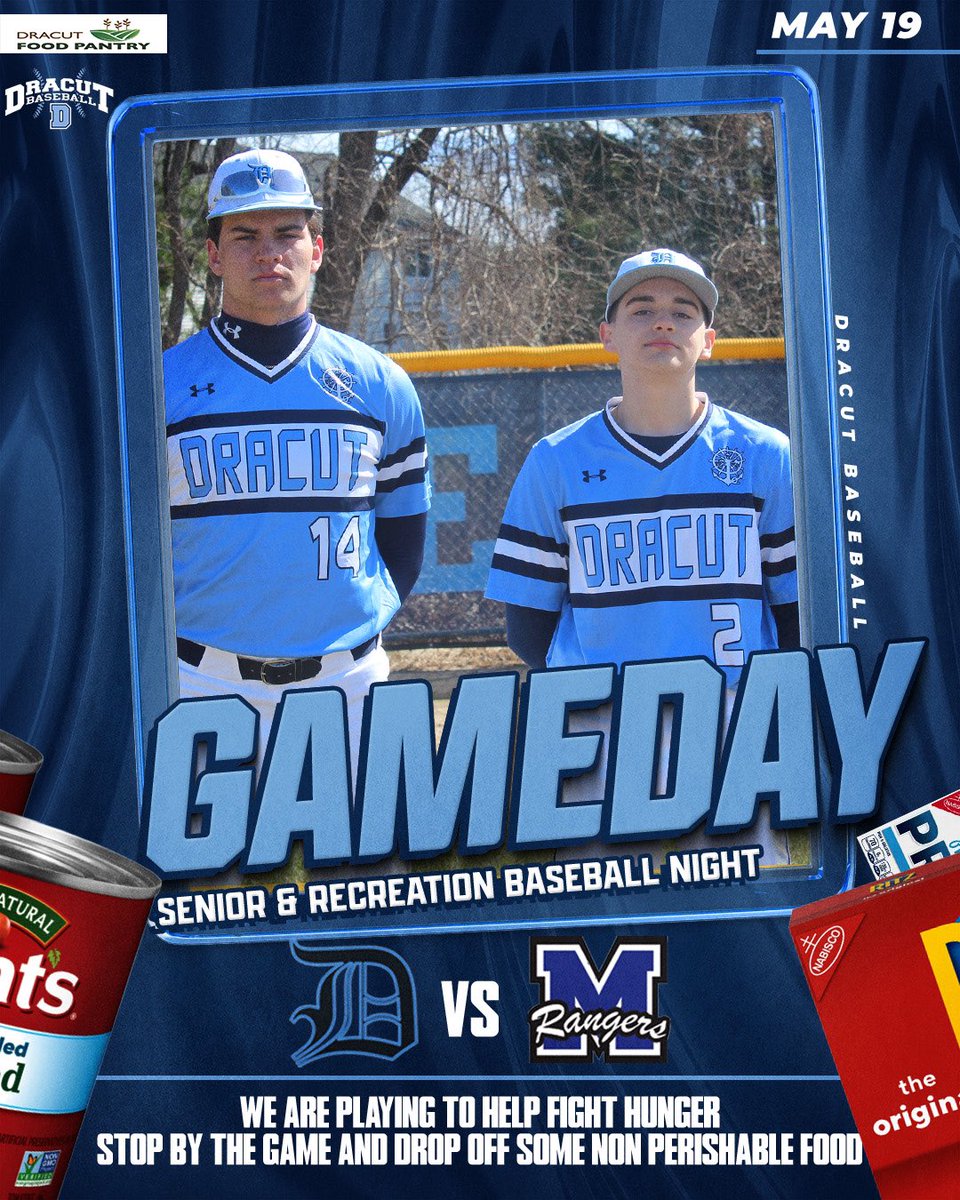 Senior Day / Food drive / recreation day !!

Monday at 4pm Dracut vs Methuen play to fight hunger! Please stop by and drop of some non perishable food and enjoy a few innnings - drop off tables set up at both varsity and jv games!Let’s come together to fill the DRACUT FOOD PANTRY