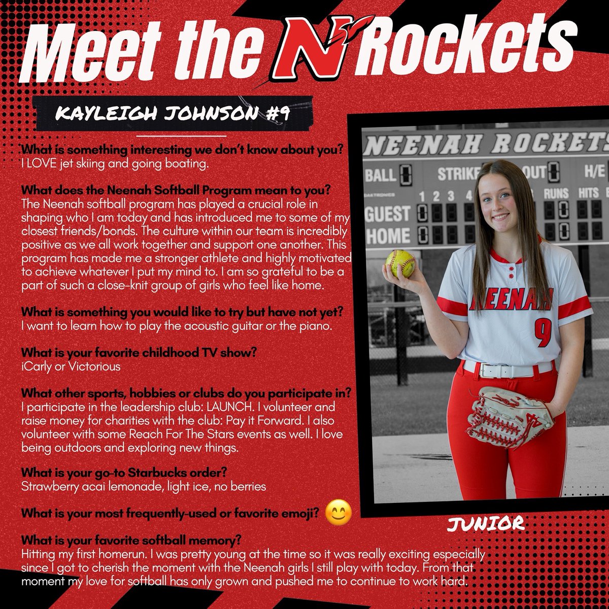 Beyond the Game: Meet the Rockets ❤️🚀🥎
📢 Next up…
a junior pitcher and first-baseman…
#9…
Kayleigh Johnson! 🙌🏻