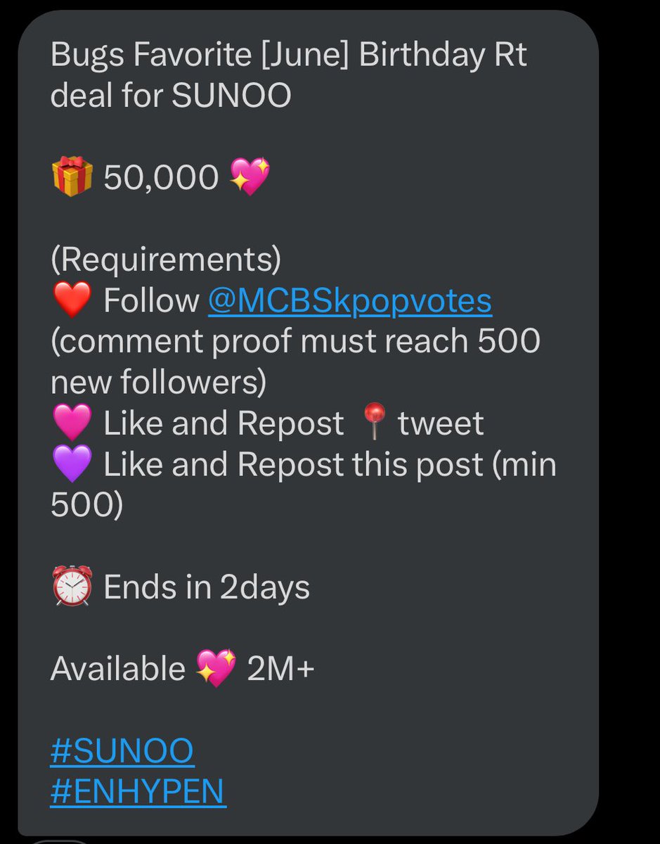 miamorenha's tweet image. Bugs Favorite [June] Birthday Rt deal for SUNOO

🎁 50,000 💖

(Requirements)
❤️ Follow @MCBSkpopvotes comment proof must reach 500 new followers)
🩷 Like and Repost 📍tweet
💜 Like and Repost this post (min 500)

⏰ Ends in 2days

Available 💖 2M+

#SUNOO 
#ENHYPEN