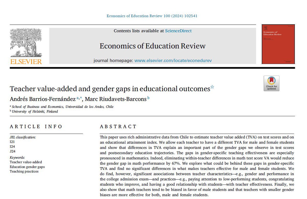 Hay prácticas docentes asociadas a mayor efectividad general:
✅ Prestar atención a estudiantes con bajo rendimiento
✅ Felicitar las mejoras
✅ Repetir explicaciones cuando se lo piden
✅ Tener una buena relación con el alumnado andresbarriosf.github.io/gender_gap_tva…
