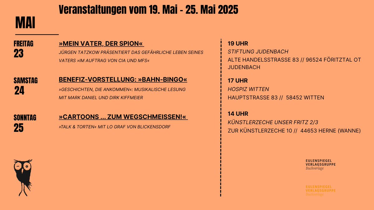 Eulenspiegel Verlagsgruppe Buchverlage (@verlag_eule) on Twitter photo Volles Programm! :) Der Eulenspiegel-Veranstaltungskalender mit Lothar Schröter, Dagmar Gelbke, <a href="/lo_graf/">Lo Graf von Blickensdorf</a>, Mark Daniel u. v. m. #lesung #veranstaltung #bücher #literatur #lesen Kommt vorbei, wir freuen uns auf euren Besuch🤗☺️ Volles Programm! :) Der Eulenspiegel-Veranstaltungskalender mit Lothar Schröter, Dagmar Gelbke, <a href="/lo_graf/">Lo Graf von Blickensdorf</a>, Mark Daniel u. v. m. #lesung #veranstaltung #bücher #literatur #lesen Kommt vorbei, wir freuen uns auf euren Besuch🤗☺️