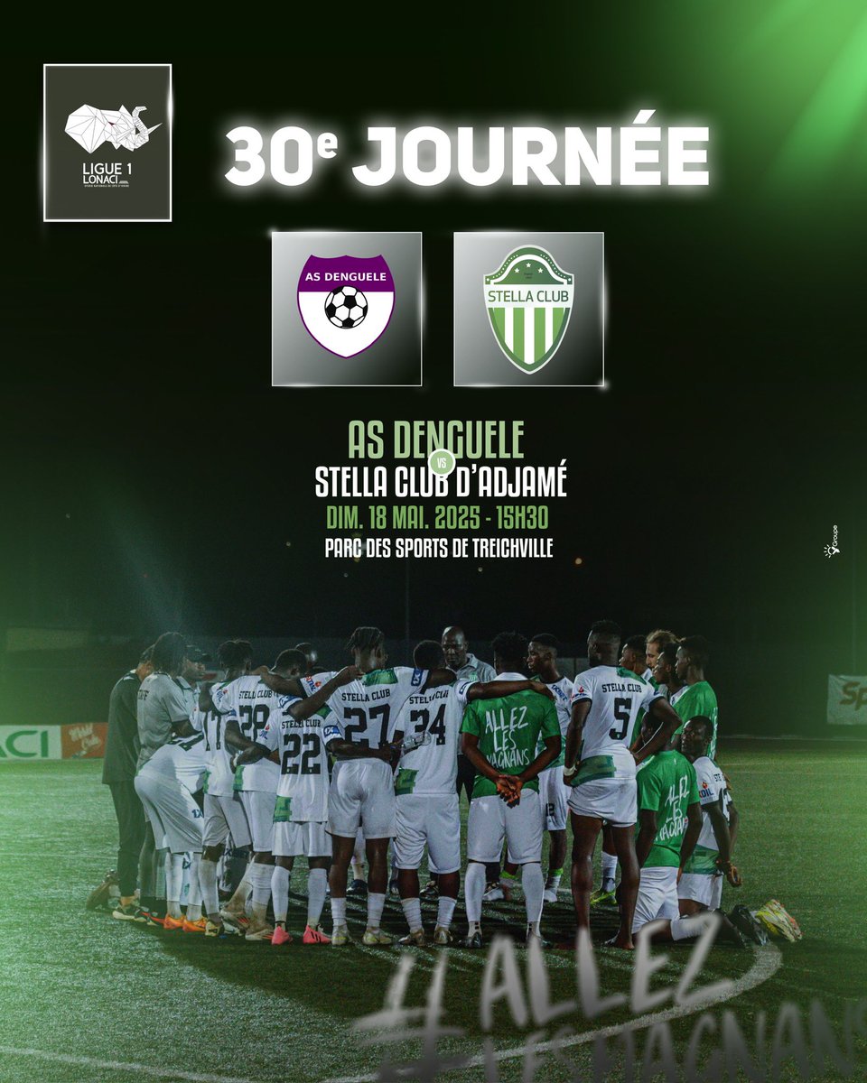 🟢JOUR DE MATCH -30e Journée 
Dernière danse ⚽️

🆚 AS Denguelé 
🕞 15H30
🏟️ Parc des Sports de Treichville 

#stellaclubdadjame #allezlesmagnans #Adjame #footballci #LONACILigue1