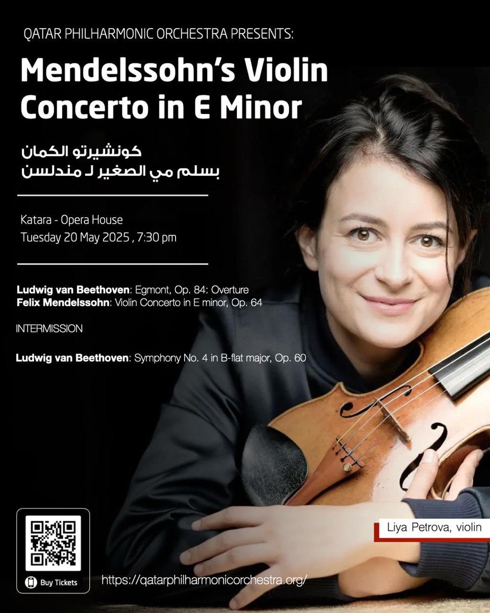 Experience musical brilliance as the Qatar Philharmonic Orchestra presents Mendelssohn’s Violin Concerto in E Minor, under the baton of Elias Grandy. Acclaimed violinist Liya Petrova takes centre stage as soloist in this beloved masterpiece.
