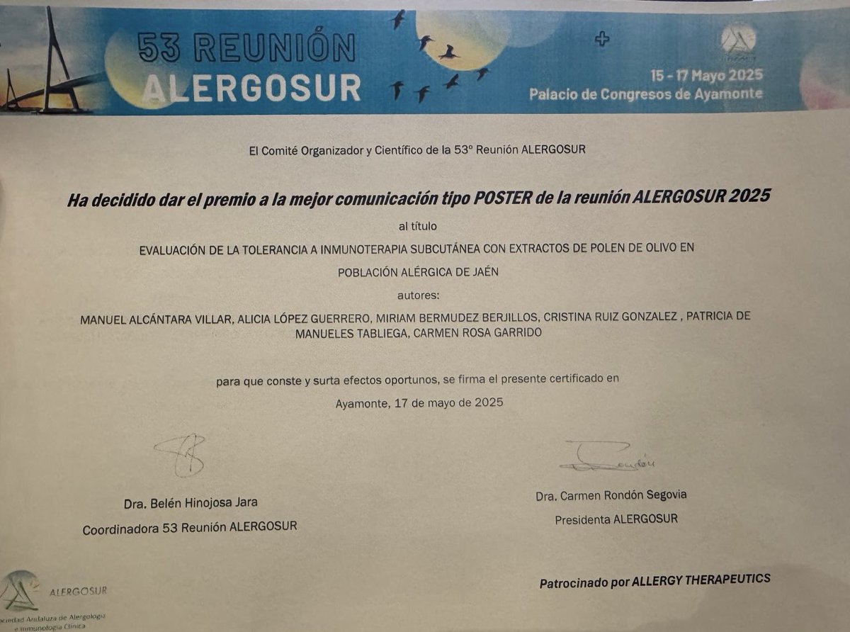 Hospital Universitario de Jaén (@hospitaljaen) on Twitter photo El servicio de #Alergología del <a href="/HospitalJaen/">Hospital Universitario de Jaén</a> ha obtenido el primer premio a la mejor comunicación tipo póster de la reunión de <a href="/alergosur_es/">ALERGOSUR</a> 2025 por su trabajo ‘Evaluación de la tolerancia a inmunoterapia subcutánea con extractos de polen de olivo en población alérgica de Jaén’ El servicio de #Alergología del <a href="/HospitalJaen/">Hospital Universitario de Jaén</a> ha obtenido el primer premio a la mejor comunicación tipo póster de la reunión de <a href="/alergosur_es/">ALERGOSUR</a> 2025 por su trabajo ‘Evaluación de la tolerancia a inmunoterapia subcutánea con extractos de polen de olivo en población alérgica de Jaén’
