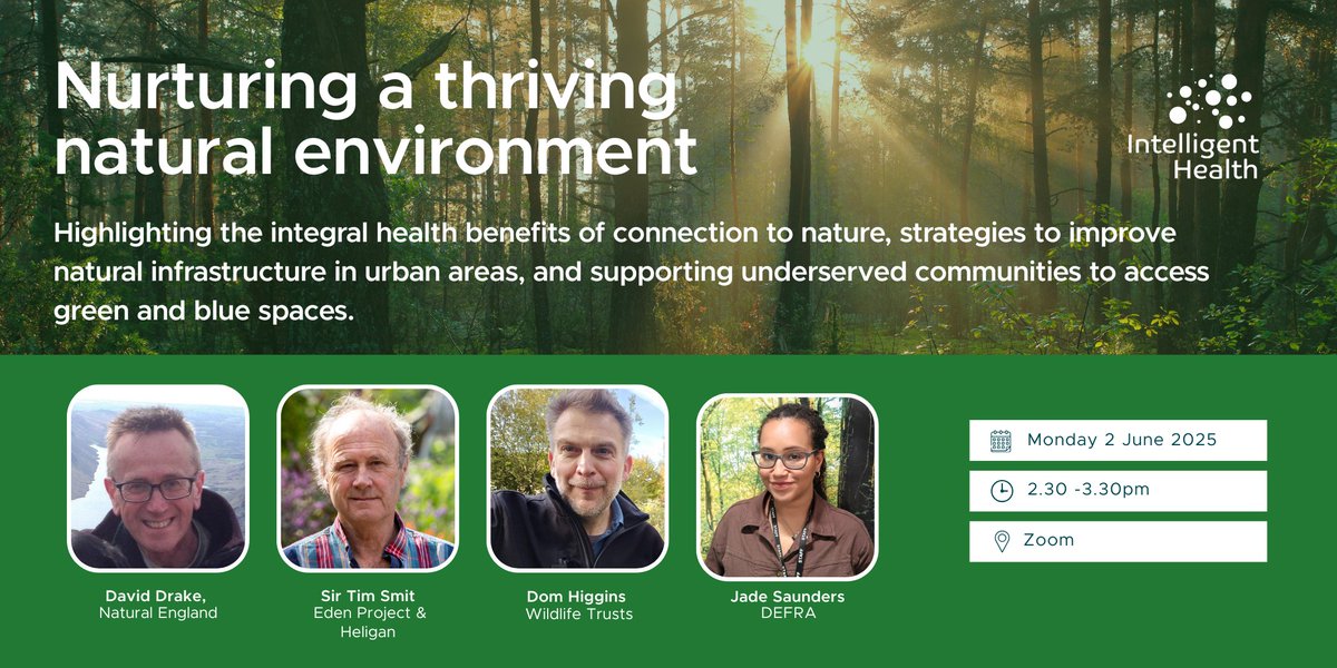 🌿How can we reconnect people with nature - especially in urban areas and underserved communities?

Join David Drake, <a href="/NaturalEngland/">Natural England</a>'s Director for People &amp; Nature, at <a href="/Intelligent_Hlt/">Intelligent Health</a>'s free webinar.

🗓️Mon 2 June 2.30–3.30pm
🔗Register here: eventbrite.com/e/intelligent-…
