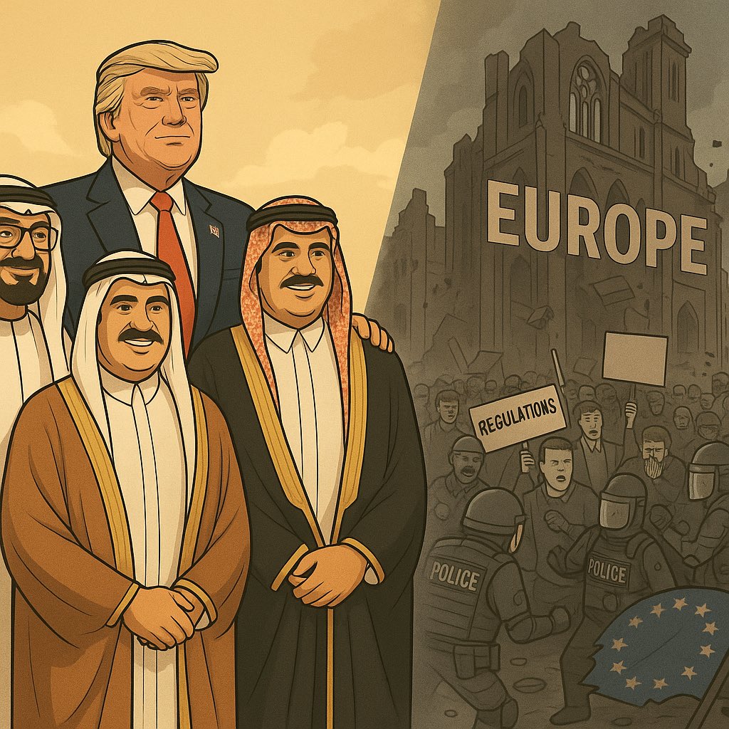 (1/🧵) Europe is falling, and the Middle East is quietly replacing it.

While Western capitals drown in debt, protests, and decline…
Dubai, Riyadh &amp; Doha are engineering the next financial empire.
And Trump saw it coming.
Let’s connect the dots:
🧵