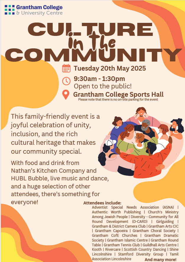 HAYLincolnshire's tweet photo. ๐ CULTURE COMMUNITY ๐
Join us for a family-friendly event celebrating our cultural heritage!
Enjoy activities, performances, and food.
๐
Tue, 20th May ๐ 9:30 AM - 1:30 PM ๐ Grantham College Sports Hall
Bring family & friends!
#CultureCommunity #GranthamEvents #FamilyFun https://t.co/S5CihvjAIt