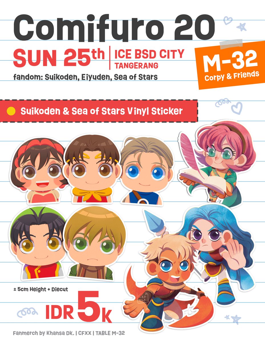 Here’s My Catalog for CFXX!
RT &amp; ❤️ are very appreciated

📍ICE BSD CITY | M-32 b (Corpy &amp; Friends)
🧸 Sun 24/5
🛍️ Only OTS
💵 QRIS &amp; Cash
🍰 Suikoden, Eiyuden, Sea of Stars, and Original

Thank you and see you!
#cf20 #comifuro20 #cfxx #cfxxcatalog #comifuroxxcatalog