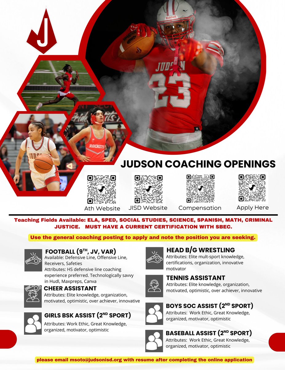 Coach Soto (@coachsotopop) on Twitter photo TAKE OFF with the revolution! Looking for great coaches to build relationships and a vision for success. MUST BE CERTIFIED IN TEXAS. <a href="/JISD_ATHLETICS/">Judson ISD Athletics</a> <a href="/JudsonISD/">Judson ISD ๐</a> <a href="/JISDRocketPride/">Judson High School</a> TAKE OFF with the revolution! Looking for great coaches to build relationships and a vision for success. MUST BE CERTIFIED IN TEXAS. <a href="/JISD_ATHLETICS/">Judson ISD Athletics</a> <a href="/JudsonISD/">Judson ISD ๐</a> <a href="/JISDRocketPride/">Judson High School</a>