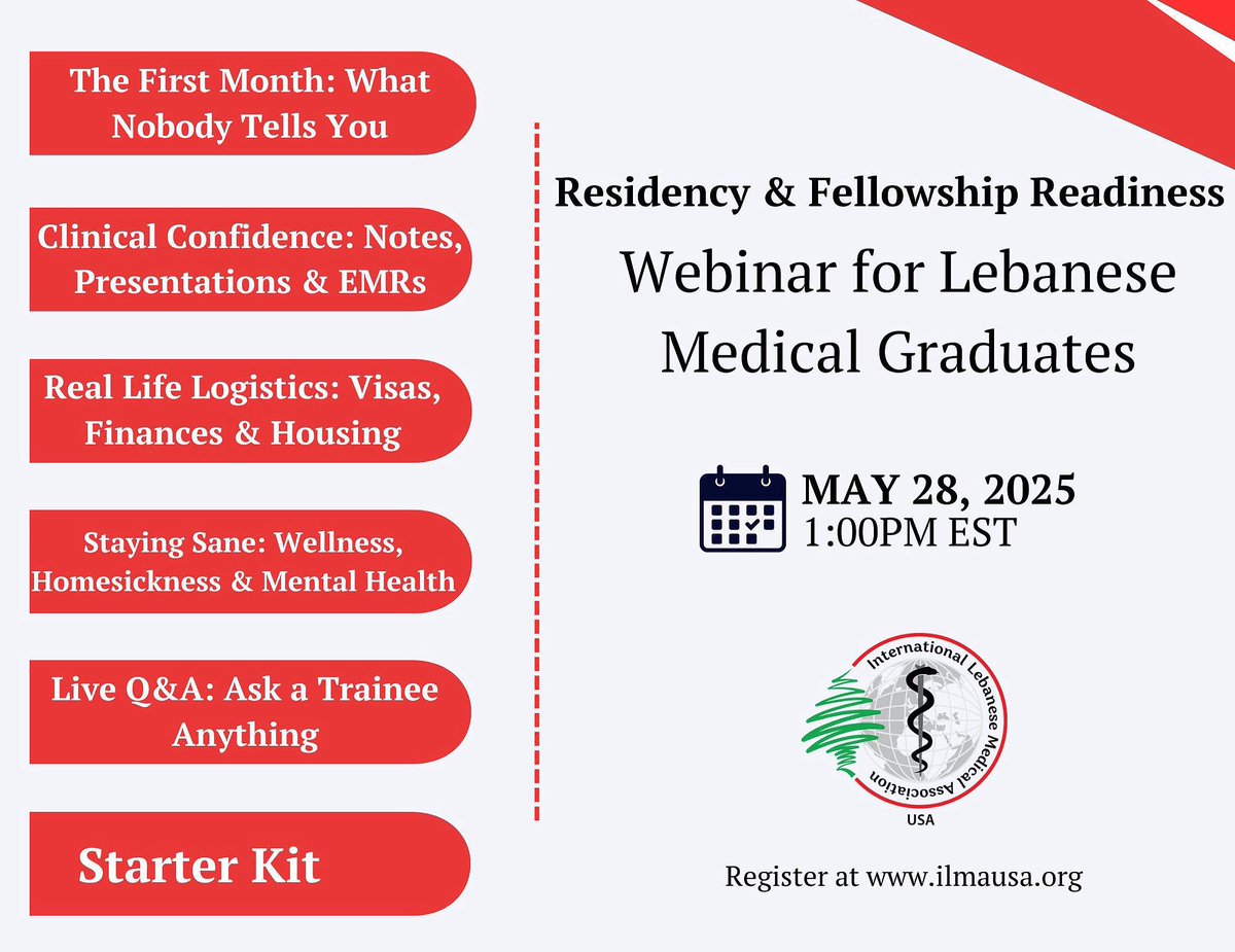 🎉 Matched into a U.S. residency? Join the ILMAUSA Residency &amp; Fellowship Readiness Webinar on May 28 at 1 PM EST for tips on visas, housing, wellness &amp; clinical skills. 🔗 Spots are limited — Register now: ilmausa.org/ilma-usa-webin…
(Zoom link sent upon registration) 
#ILMAUSA
