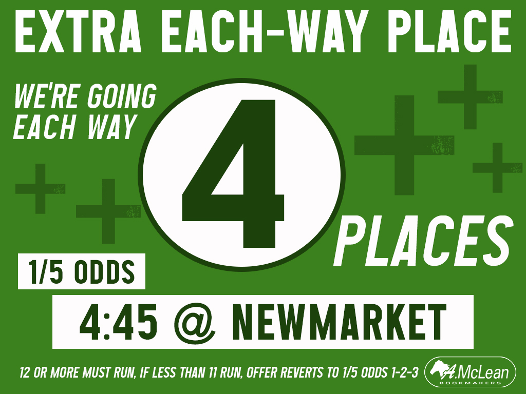 amcleanbookies's tweet image. We have an #ExtraPlace offer at @NewmarketRace today 🏇

Available in store and via telebetting 0800 121 4567 ☎️

#DoYouWannaBet

18+, T&amp;amp;C apply