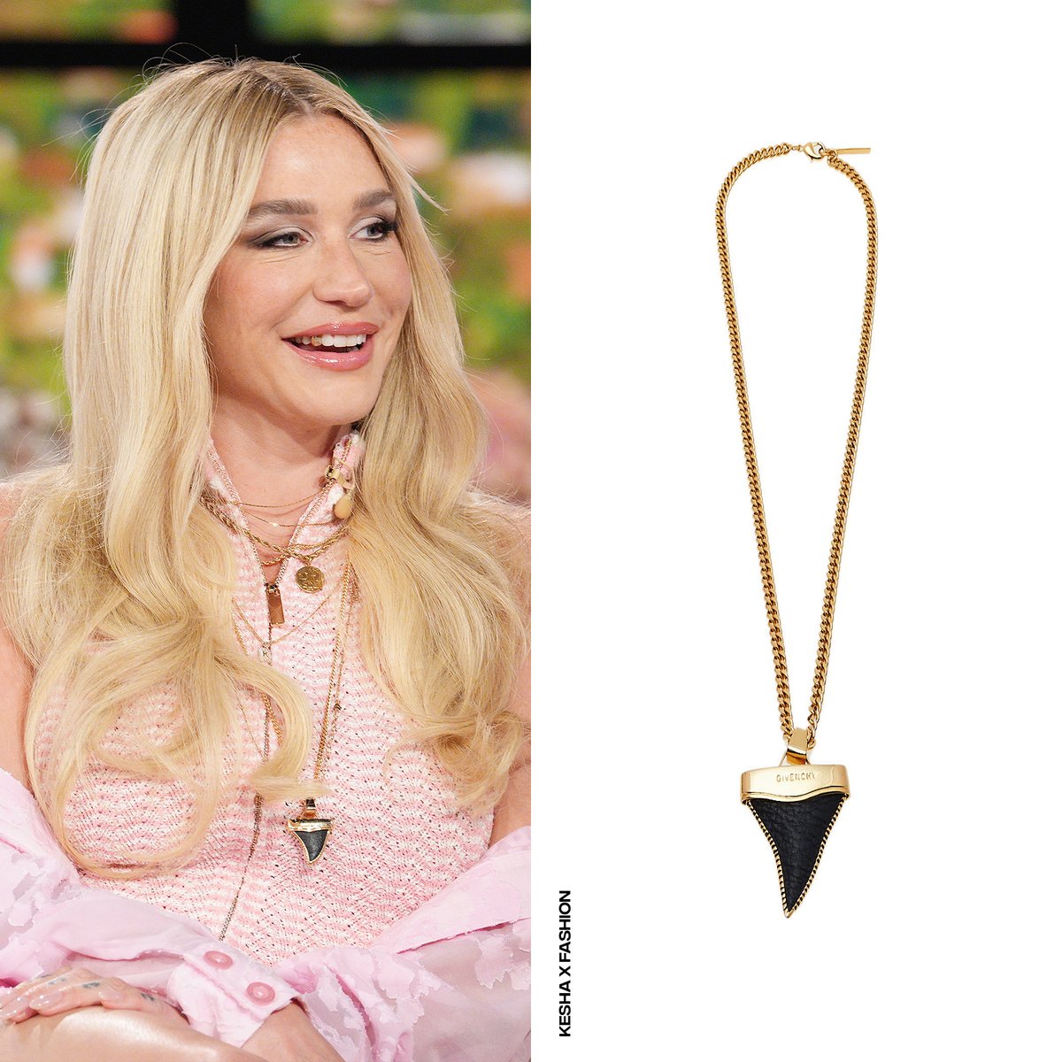 KeshaXFashion's tweet photo. Kesha appeared on the Jennifer Hudson Show, wearing the "Pina" knit romper in peach pink with front gold-tone zip closure from #SEROYA's Spring/Summer 2025 collection and a @givenchy black leather shark tooth pendant necklace. https://t.co/LAqBGR8OZs