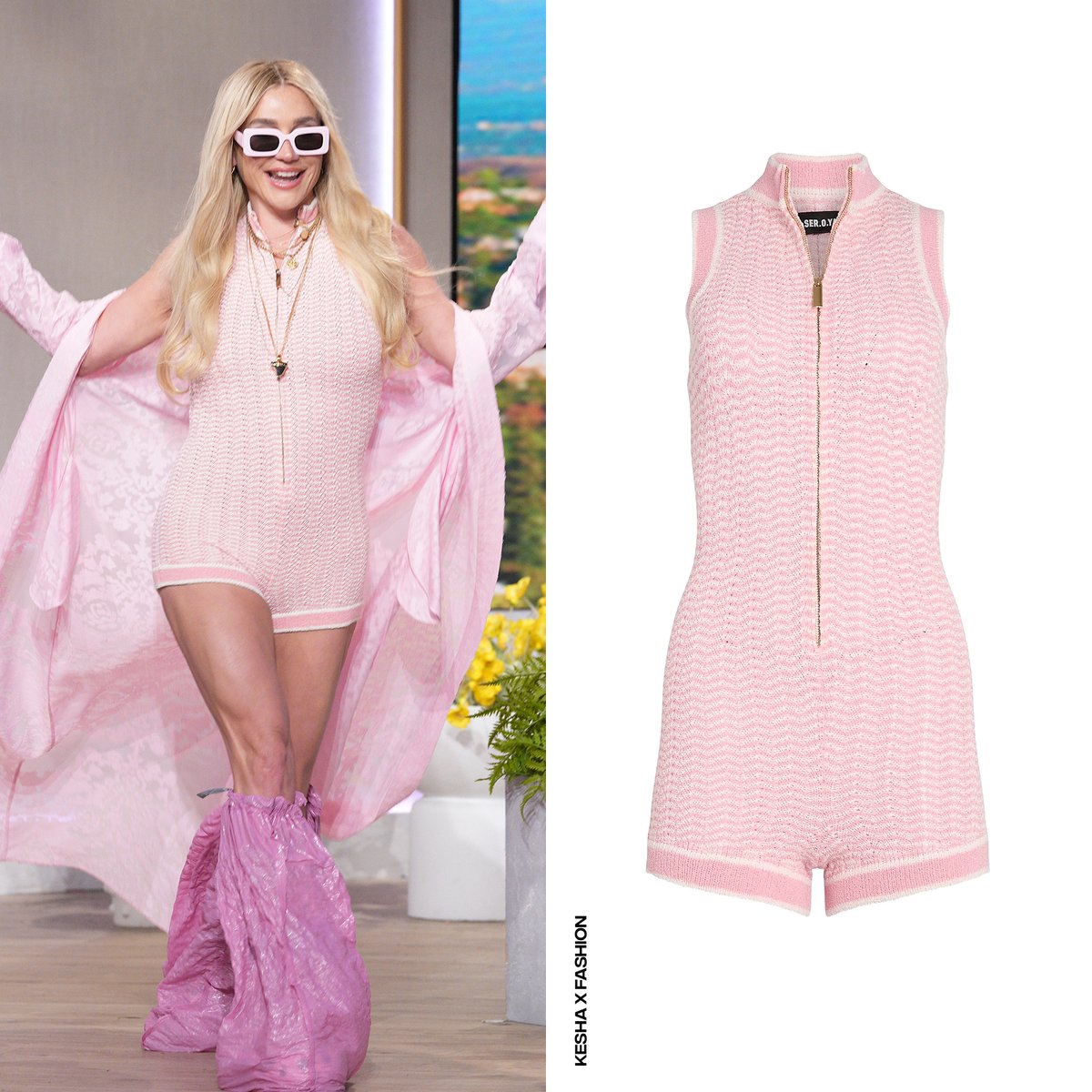 KeshaXFashion's tweet photo. Kesha appeared on the Jennifer Hudson Show, wearing the "Pina" knit romper in peach pink with front gold-tone zip closure from #SEROYA's Spring/Summer 2025 collection and a @givenchy black leather shark tooth pendant necklace. https://t.co/LAqBGR8OZs