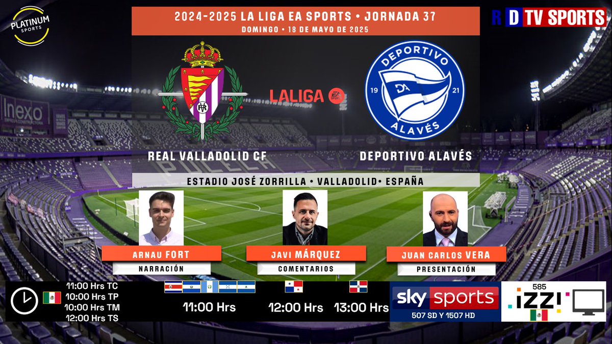 Ramón Valencia 🎮 🇲🇽 (@ramonovic09) on Twitter photo 🇪🇸 #LaLigaEASPORTS 2024-2025 #Jornada37 | <a href="/realvalladolid/">Real Valladolid C.F.</a> 🆚 <a href="/Alaves/">Deportivo Alavés</a>
#RealValladolid #Alavés
🗓️ Hoy
🇲🇽⏰ 11:00 Hrs TC, 10:00 Hrs TP
🇨🇷🇸🇻🇬🇹🇭🇳🇳🇮 11:00 Hrs
🇵🇦 12:00 Hrs
🇩🇴13:00 Hrs
📺 <a href="/SKYSportsMX/">Sky Sports México</a> 507 y 1507 HD
📺 <a href="/izzi_mx/">izzi telecom</a> 588🇲🇽
📱💻 SKY+, Izzi GO
🎤 <a href="/arnaufort_/">Arnau Fort</a>
🎤📝 🇪🇸 #LaLigaEASPORTS 2024-2025 #Jornada37 | <a href="/realvalladolid/">Real Valladolid C.F.</a> 🆚 <a href="/Alaves/">Deportivo Alavés</a>
#RealValladolid #Alavés
🗓️ Hoy
🇲🇽⏰ 11:00 Hrs TC, 10:00 Hrs TP
🇨🇷🇸🇻🇬🇹🇭🇳🇳🇮 11:00 Hrs
🇵🇦 12:00 Hrs
🇩🇴13:00 Hrs
📺 <a href="/SKYSportsMX/">Sky Sports México</a> 507 y 1507 HD
📺 <a href="/izzi_mx/">izzi telecom</a> 588🇲🇽
📱💻 SKY+, Izzi GO
🎤 <a href="/arnaufort_/">Arnau Fort</a>
🎤📝