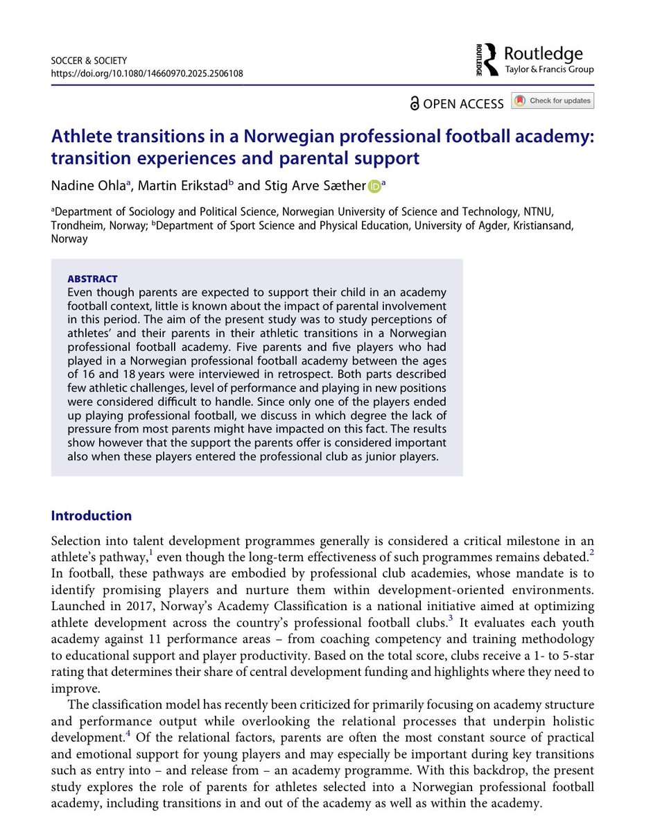 Stig Arve Sæther (@professor_stig) on Twitter photo 🚨new paper🚨 in Soccer & Society on parents role of football academy players and the transition into an football academy. Congrats to Nadine🤩 Nice collaboration with Martin Erikstad from <a href="/uiagder/">Universitetet i Agder</a> <a href="/SPDSSntnu/">SPDSS - forskningsgruppe NTNU</a> <a href="/NTNU/">NTNU</a> #spdssntnu 🚨new paper🚨 in Soccer & Society on parents role of football academy players and the transition into an football academy. Congrats to Nadine🤩 Nice collaboration with Martin Erikstad from <a href="/uiagder/">Universitetet i Agder</a> <a href="/SPDSSntnu/">SPDSS - forskningsgruppe NTNU</a> <a href="/NTNU/">NTNU</a> #spdssntnu