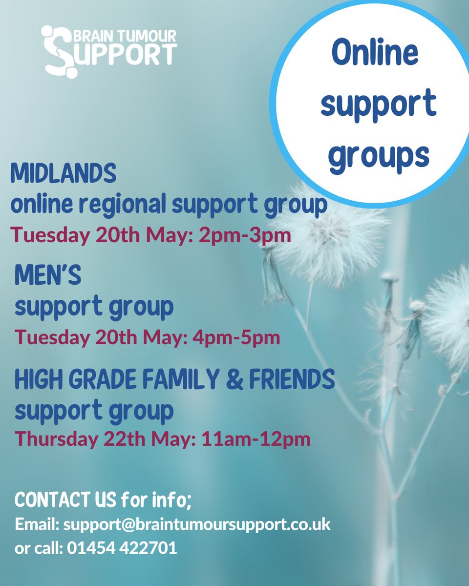 We look forward to welcoming you online at our support sessions this week.   It really can help to talk to others who 'get it'

Call 01454 422701 for info.

#braintumoursupportgroups #braintumours #braincancer #carerssupportgroup #menssupportgroup #togetherwearestronger
