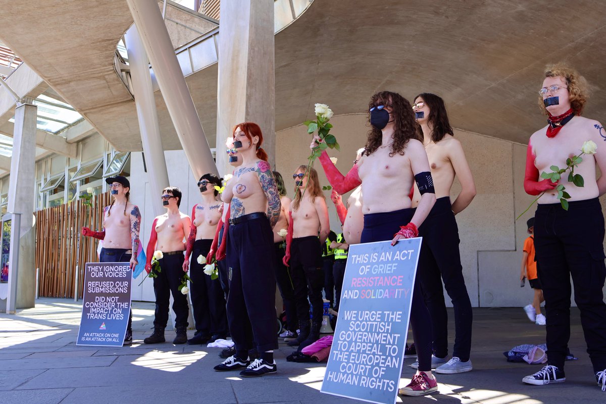 Yesterday a group of trans women protested topless to condemn the UK Supreme Court’s ruling and highlight the hypocrisy of the subsequent EHRC interim guidance which aims to segregate trans women. 

Most media outlets censored the images which we feel defeats the purpose. 

 You
