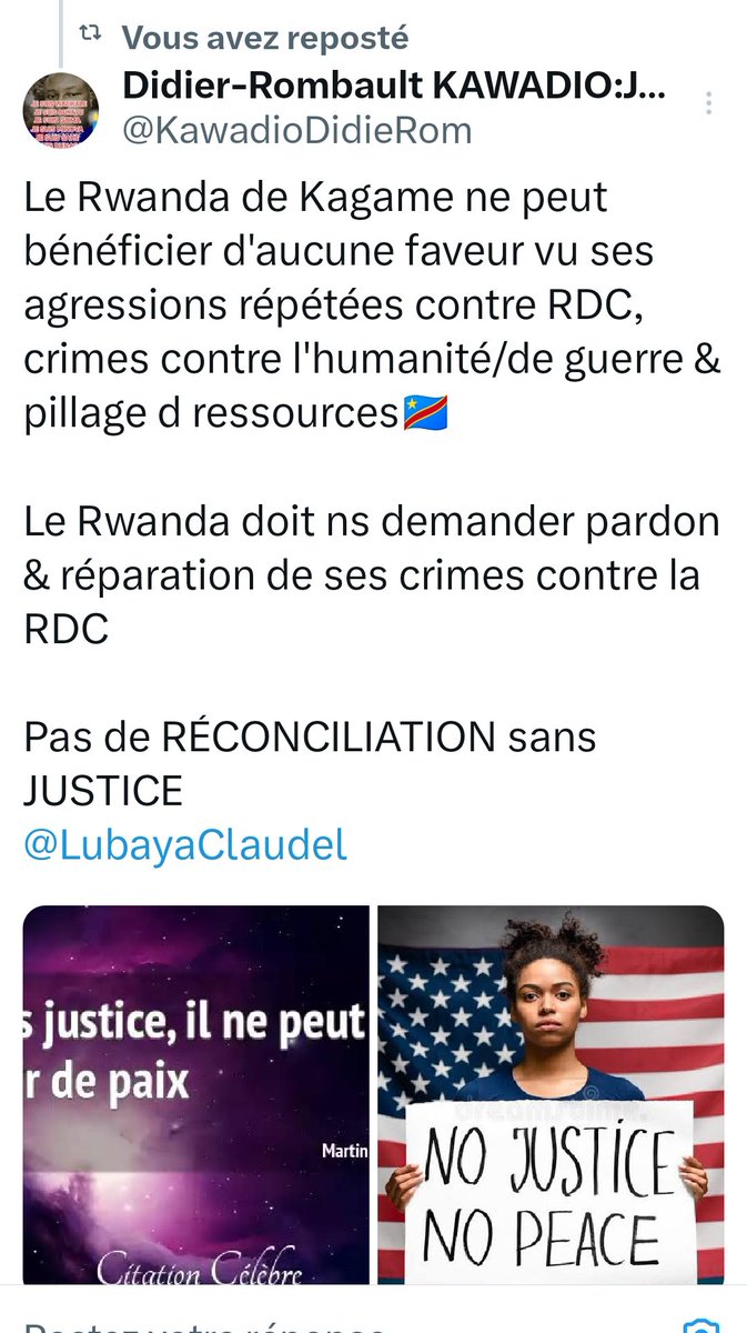 Didier-Rombault KAWADIO:JS8 BUNAGANA,GOMA,BUKAVU (@kawadiodidierom) on Twitter photo Nkutu’a zowa n’kumbu mosi kaka ba tulanga yo koko.
Dans le sac d’1 personne idiote, on n’y met sa main qu’1 seule fois puisque ce dernier ne l'autorisera plus 1 autre fois.
Se laisser duper 1 ou 2 fois c'est possible, mais au-delà c'est inadmissible.
Proverbe Kongo
<a href="/kayikwambaT/">Thérèse Kayikwamba Wagner</a> Nkutu’a zowa n’kumbu mosi kaka ba tulanga yo koko.
Dans le sac d’1 personne idiote, on n’y met sa main qu’1 seule fois puisque ce dernier ne l'autorisera plus 1 autre fois.
Se laisser duper 1 ou 2 fois c'est possible, mais au-delà c'est inadmissible.
Proverbe Kongo
<a href="/kayikwambaT/">Thérèse Kayikwamba Wagner</a>