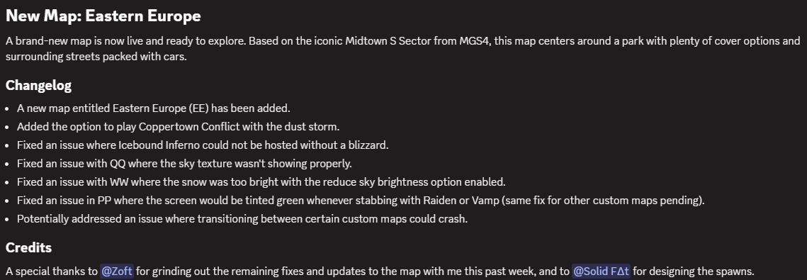 Announcement for #MetalGearOnline / #mgo2 players!  

A new version is available, with some big updates, including a brand new map EE!

Join our Discord for details!  discord.gg/mgo2pc