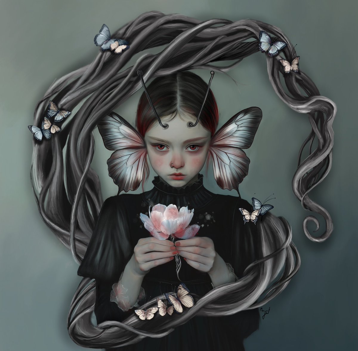 maryamhasaniart's tweet image. 🔱New drop 🔱
⚜️The Dawn Girl Who Was Never Seen
🩸
At the edge of sleep and waking,
she stands a girl with wings made of silence,
and eyes dusted with moonlight.
Butterflies dance around her,
not to fly,
Open for offers
On @SuperRare