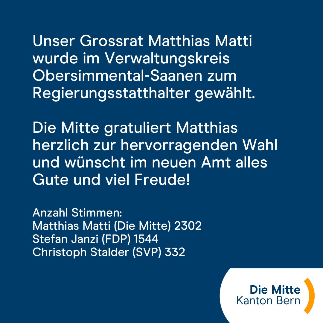 Herzliche Gratulation zur Wahl als #Regierungsstatthalter im Verwaltungskreis #ObersimmentalSaanen, lieber Matthias!

- - - - - - - - - -
#DieMitteBE #KantonBern #Wahlen #WahlBE #Obersimmental #Saanen