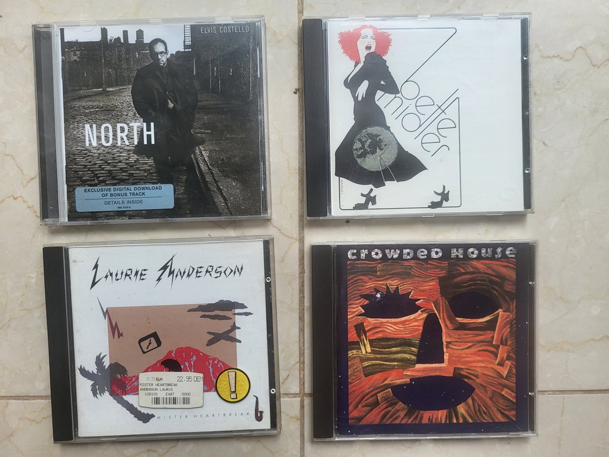 Not been to the #chazza for a while, but picked these up yesterday. 
Elvis Costello,  not familiar with his later albums.
Bette Midler, from 1973. Again, unknown territory. 
Laurie Anderson of O Superman fame.
Crowded House, know the hits.
5 euros total.