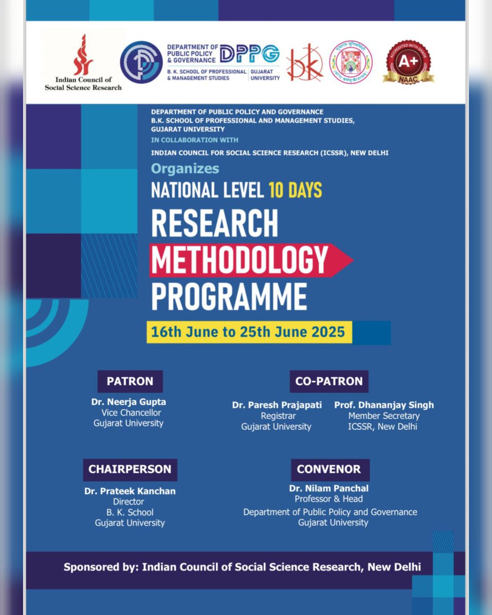bkdppg's tweet photo. DPPG Announces ICSSR Sponsored Research Methodology Course to Elevate Your Research Skills!

Join Free Course by the Department of Public Policy and Governance at Gujarat University in collaboration with the Indian Council of Social Science Research (ICSSR). https://t.co/dgGRFaZeBp