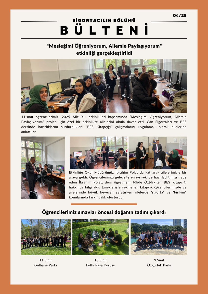 Sigortacılık Bölümümüzün Nisan Ayı Bülteni yayınlandı! 

İTO toplantısı, BES kitapçığı projesi, tanıtım çalışmaları ve TARSİM farkındalığına dair içerikler ile pek çok etkinliği başarıyla tamamlayan bölüm öğretmenlerimizi ve öğrencilerimizi kutluyoruz.