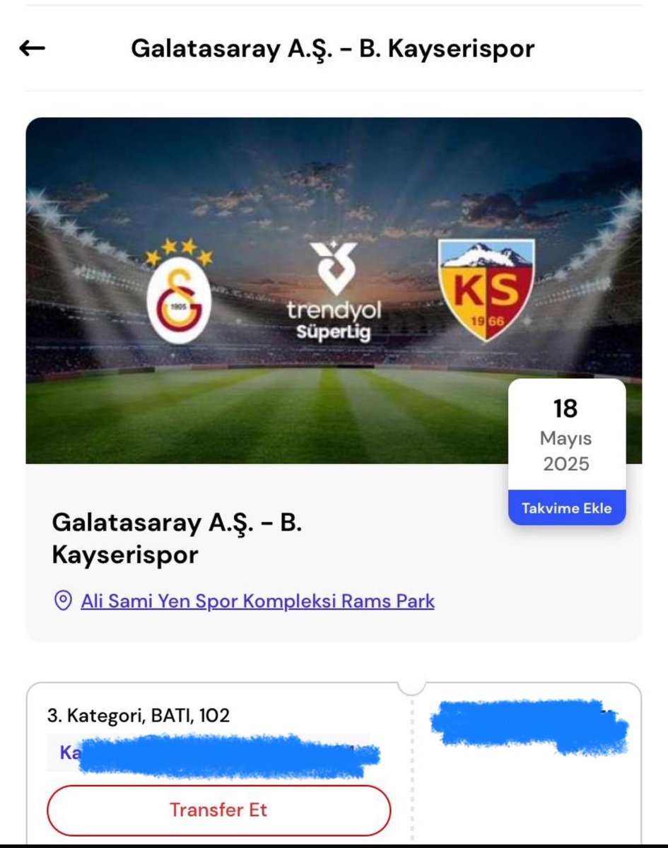 Bir arkadaşım daha Galasaray Kayseri Maçı Vip yani Batı alt 3. Kategori 102 no bir tane maç bileti var maça gitmeyecek transfer olur ilgilenen özelden mesaj atabilir #ramspark #aslantepe #kupabeyi #maçbileti #gs #galatasaray #kayseri #kombine #ultraslan #osimen #icardi #kupamaçı