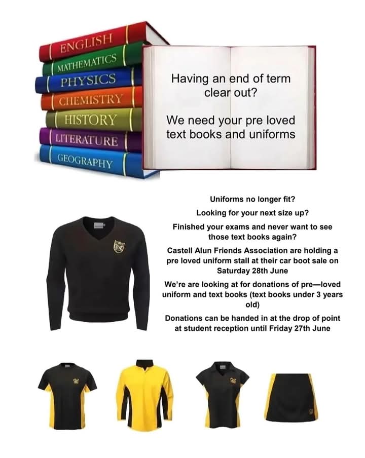 CastellAlunFA's tweet image. Book your space for our ever popular car boot sale! Early bird offer of £5 per car. 
Our pre-loved uniform stall and text book sale is returning too. Plus stall holders can pre-book a bacon roll &amp;amp; hot drink for a special price for £3.50. All details here:

…un-friends-association.sumupstore.com