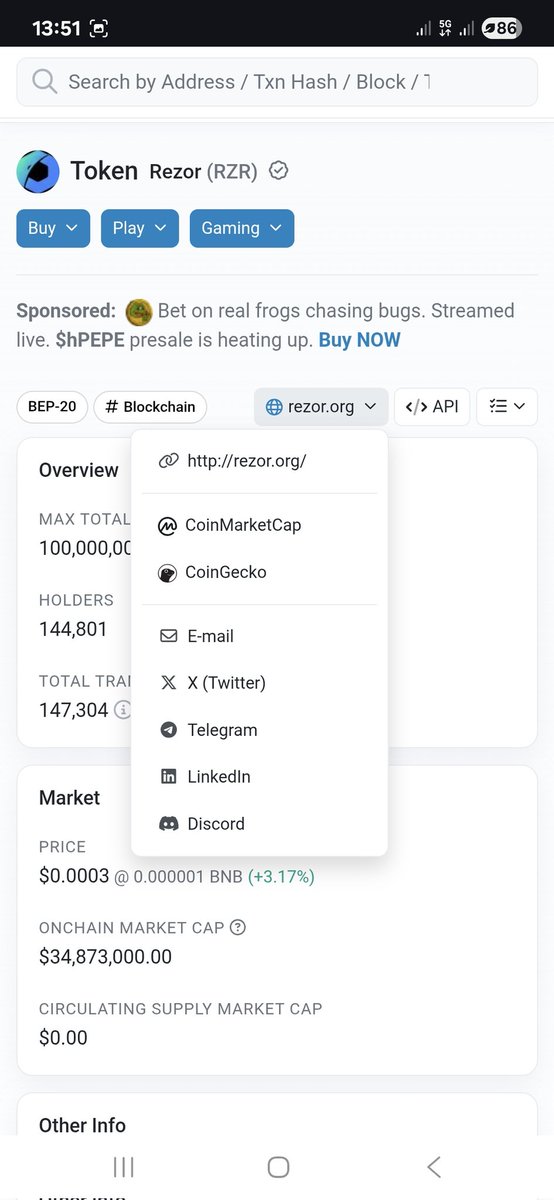 Nice update for Rezor on Bscscan. Logo, links, and price visible 😎