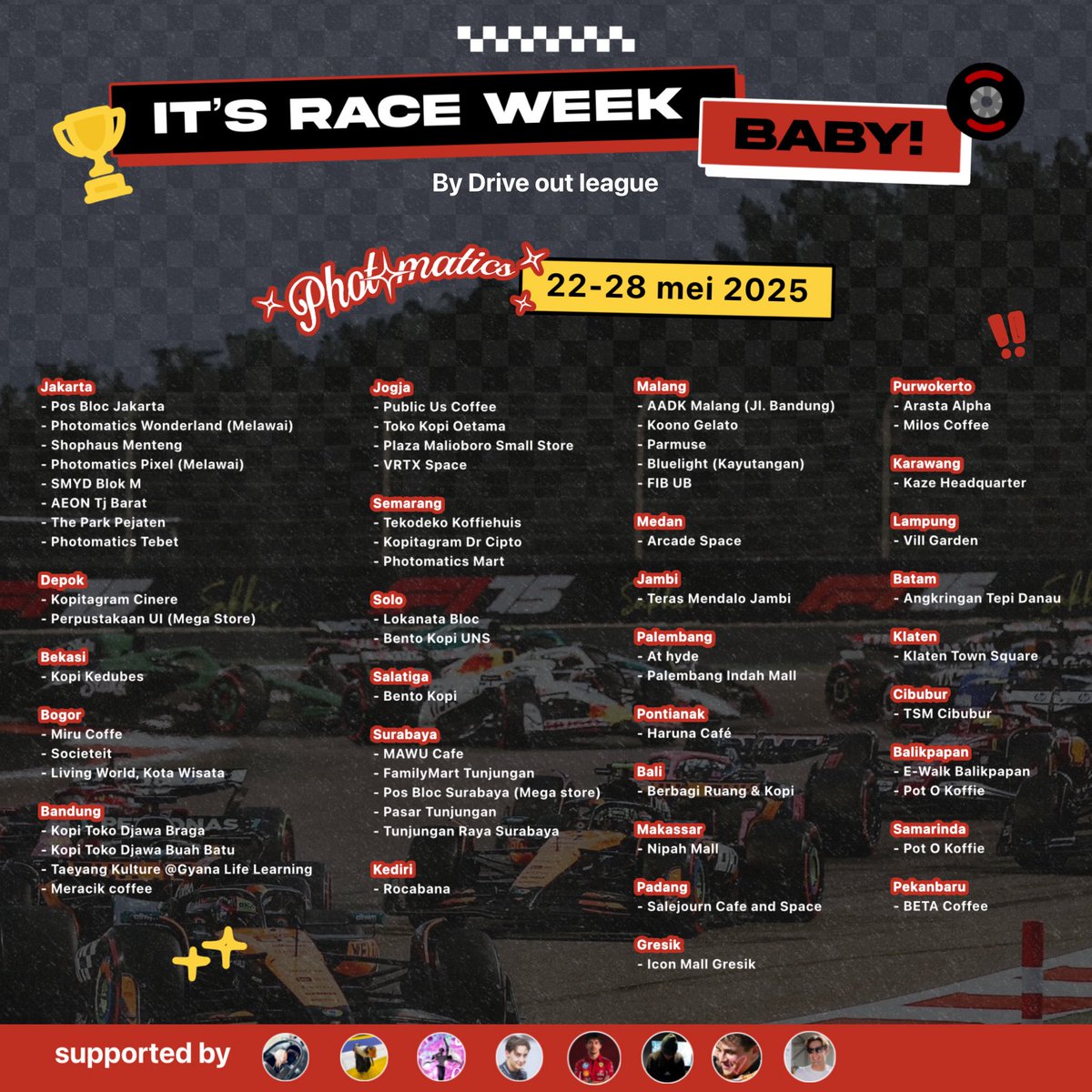 It’s Race Week just hit the grid, baby! Drive Out League 🏎️🏁

Our exclusive F1 photobooth—available at Photomatics.

🗓️ 22-28 Mei 2025
📍Photomatics (on poster)

Tag <a href="/driveoutleague/">f1 merch 🏎️</a> <a href="/hiupedia/">ale</a> 
#RaceWeekWithDOL