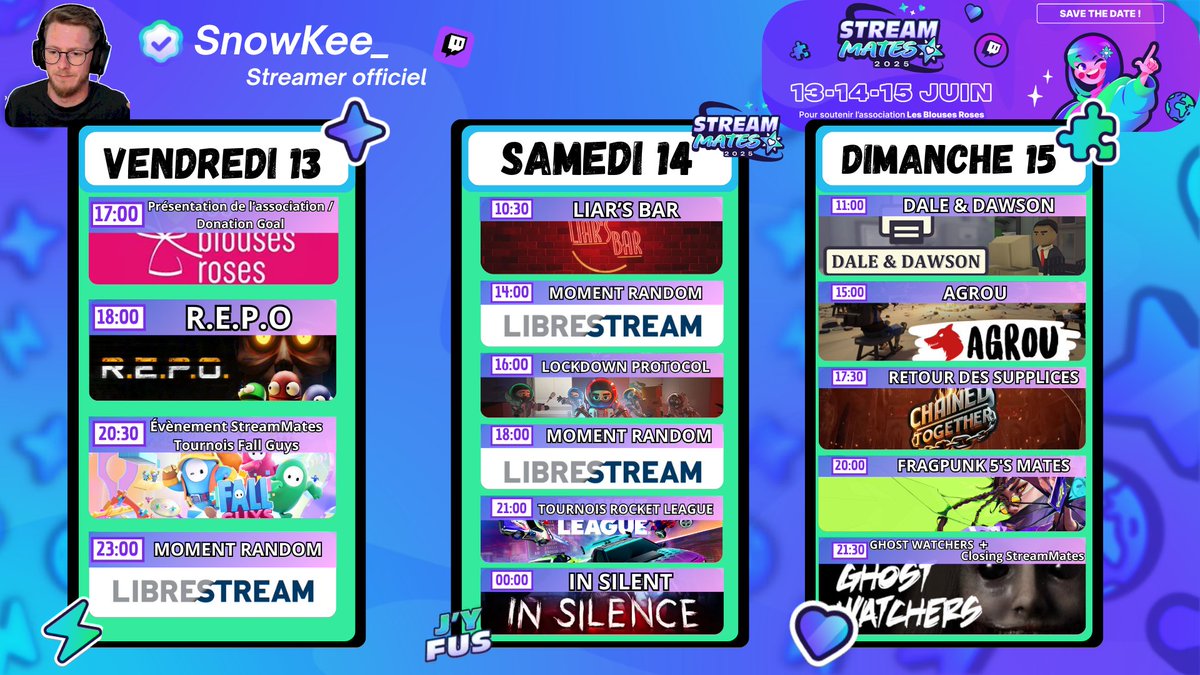 Eh bien voici mon planning pour l’événement caritatif de StreamMates Soyez présent pour 3 jours de pur folie ! #streamcaritatif #événementcaritatif #twitch #StreamMates #blousesroses