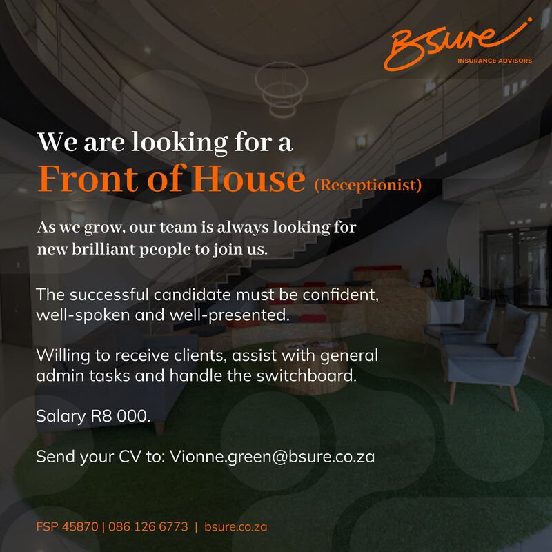 CarolBoitumelo1's tweet photo. We need a receptionist with sass, style, and a knack for keeping things smooth and funky! 

Follow the below link to submit your CV and complete your one-way, virtual interview : https://t.co/JA5vxGLyap

Email your CV to Vionne.green@bsure.co.za https://t.co/sf6JC4NzIU