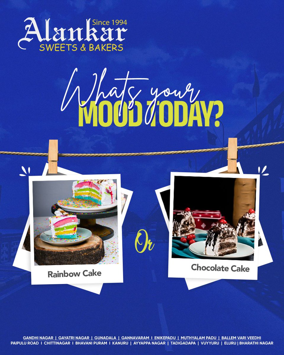 AlankarBakery's tweet image. What’s your mood today? 🌈 Rainbow Cake or 🍫 Chocolate Cake?
Pick your slice of joy at Alankar Sweets &amp;amp; Bakers – where every bite is worth the crave! 🎂
#RainbowVsChocolate #AlankarSweets #CakeLovers #VijayawadaBakers #Since1994