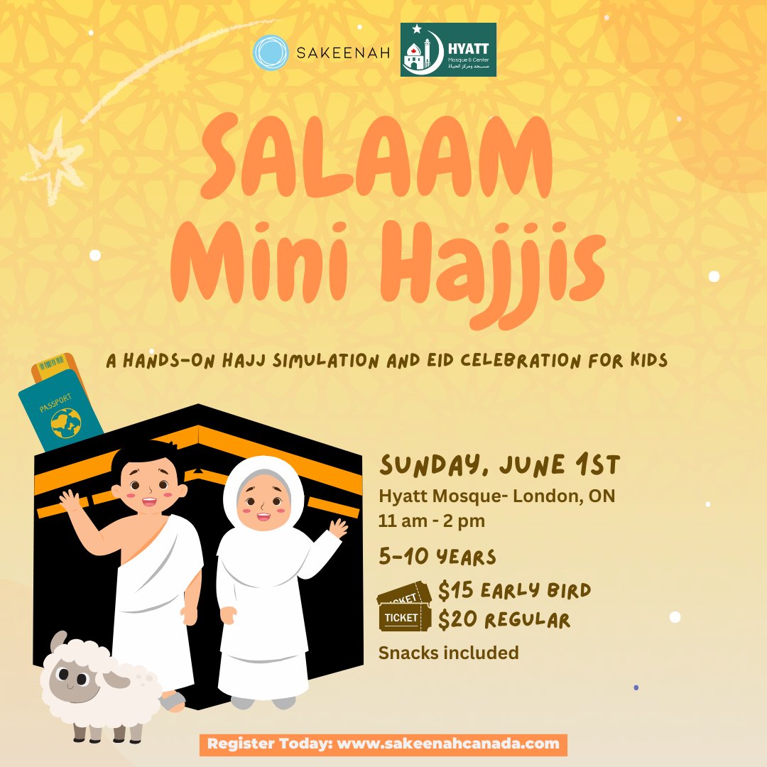 🕋 Salaam Mini Hajjis is here!!! Where little hearts take big steps on the path of Hajj ✨ 

🎉 What’s Included:
📖 Personalized Hajj Passport
📚 Interactive storytime
🎨 Creative crafts
🧁 Cupcake decorating

🚨 Spots are limited 🚨 Register now using the link in our bio!