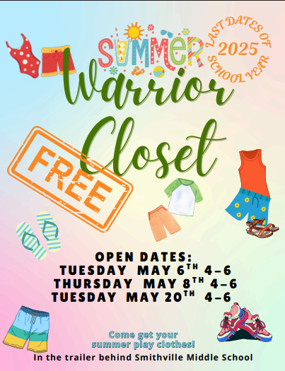 Don't miss your last chances this school year to visit the Warrior Closet. It is open tonight, May 6 from 4-6 pm, Thursday, May 8 from 4-6 and Tuesday, May 20 from 4-6 pm!