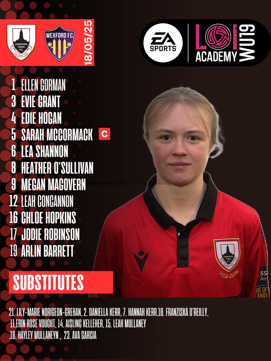 Starting 11 for today's u19s WNL home game against Wexford  

#ltfcacademy2025 #WNL