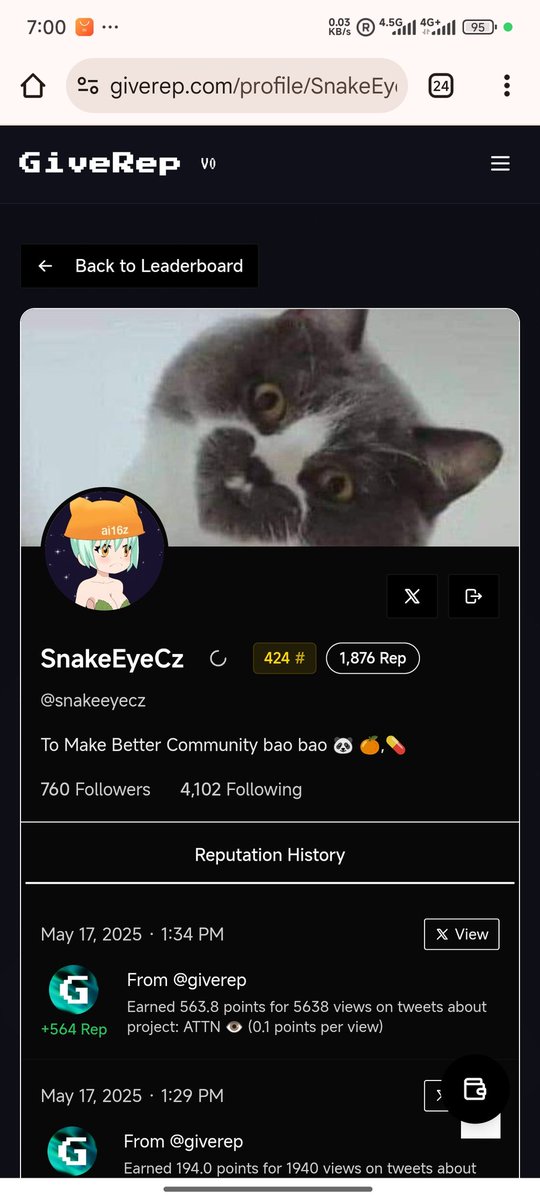 Check ur $REP point again
My $REP points are add
Did u received 10000 $NUT token from <a href="/GiveRep/">GiveRep</a> ? No way to earn <a href="/KaitoAI/">Kaito AI 🌊</a> 
keep earning yapping on <a href="/GiveRep/">GiveRep</a> 
Active on <a href="/ATTNtoken/">Attention 👁️</a> 
Farming on <a href="/opnetbtc/">OP_NET</a> <a href="/zen_frogs/">ZenFrogs</a>
<a href="/ikadotxyz/">Ika「🦑」</a> <a href="/Suigar_com/">Suigar</a> <a href="/sui_glitch/">amon</a> <a href="/virtuals_io/">Virtuals Protocol</a> <a href="/nexaxyz/">Nexa</a> <a href="/astros_ag/">Astros 🧑‍🚀</a>