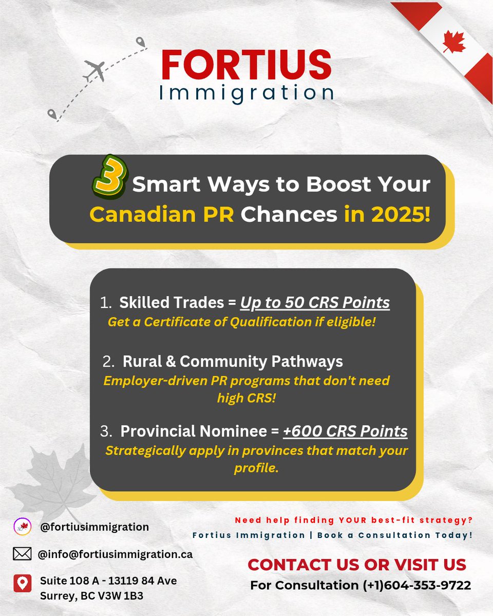 Fortiusimmi's tweet photo. Looking to increase your CRS or find an alternate route to Canadian PR in 2025?

#CanadaPR #ExpressEntry2025 #CRSScoreTips #ImmigrateToCanada #ProvincialNomineeProgram #SkilledTradesCanada #FrancophoneImmigration #FortiusImmigration #CanadaVisa #WorkInCanada #PRPathways https://t.co/oD2FAN0MvP