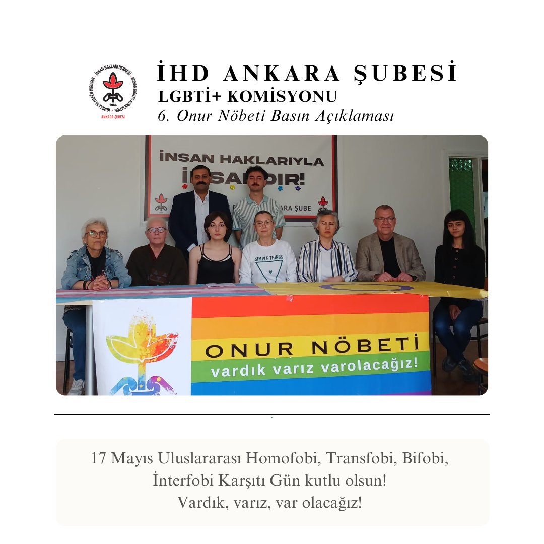Bugün 17 Mayıs’ta, ikinci kez Onur Nöbeti’ndeydik!
Nefrete karşı inadımızla, yok sayılmaya karşı varoluşumuzla, LGBTİ+ haklarının insan hakları olduğunu bir kez daha tekrarladık.
Yasaklara, ayrımcılığa, nefrete karşı buradayız, gitmiyoruz!
#17Mayıs  #LGBTİHaklarıİnsanHaklarıdır