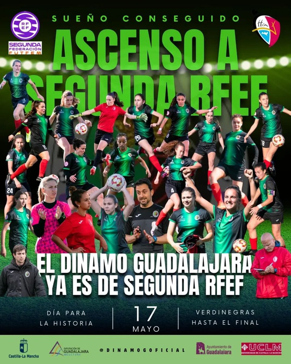 Grupo Socialista en Ayto. Guada / ♥️ (@psoe_ayto_guada) on Twitter photo 🏆 ¡ENHORABUENA, CAMPEONAS!
El <a href="/DinamoGOficial/">Dinamo Guadalajara</a> logra el ascenso a Segunda RFEF en una temporada inolvidable
👏 Tras ganar en #Guadalajara y empatar en Las Palmas de Gran Canaria, el equipo verdinegro asciende a la tercera categoría del #FutbolFemenino español 🏆 ¡ENHORABUENA, CAMPEONAS!
El <a href="/DinamoGOficial/">Dinamo Guadalajara</a> logra el ascenso a Segunda RFEF en una temporada inolvidable
👏 Tras ganar en #Guadalajara y empatar en Las Palmas de Gran Canaria, el equipo verdinegro asciende a la tercera categoría del #FutbolFemenino español