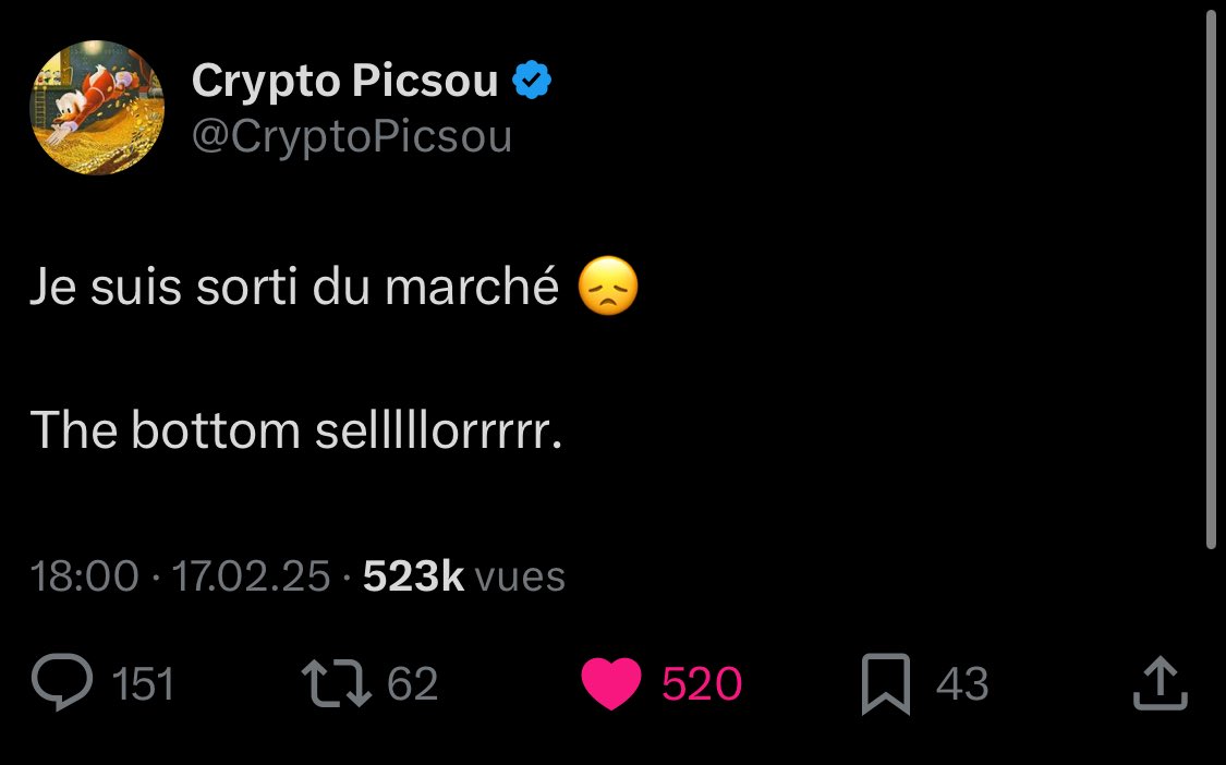 Répartition du patrimoine

15 mai 2025
•30 % $BTC
•30 % Altcoins
•30 % TradFi
•10 % Cash

16 mai 2025
•13 % $BTC
•5 % Altcoins
•0 % TradFi
•82 % Cash 

Mood :